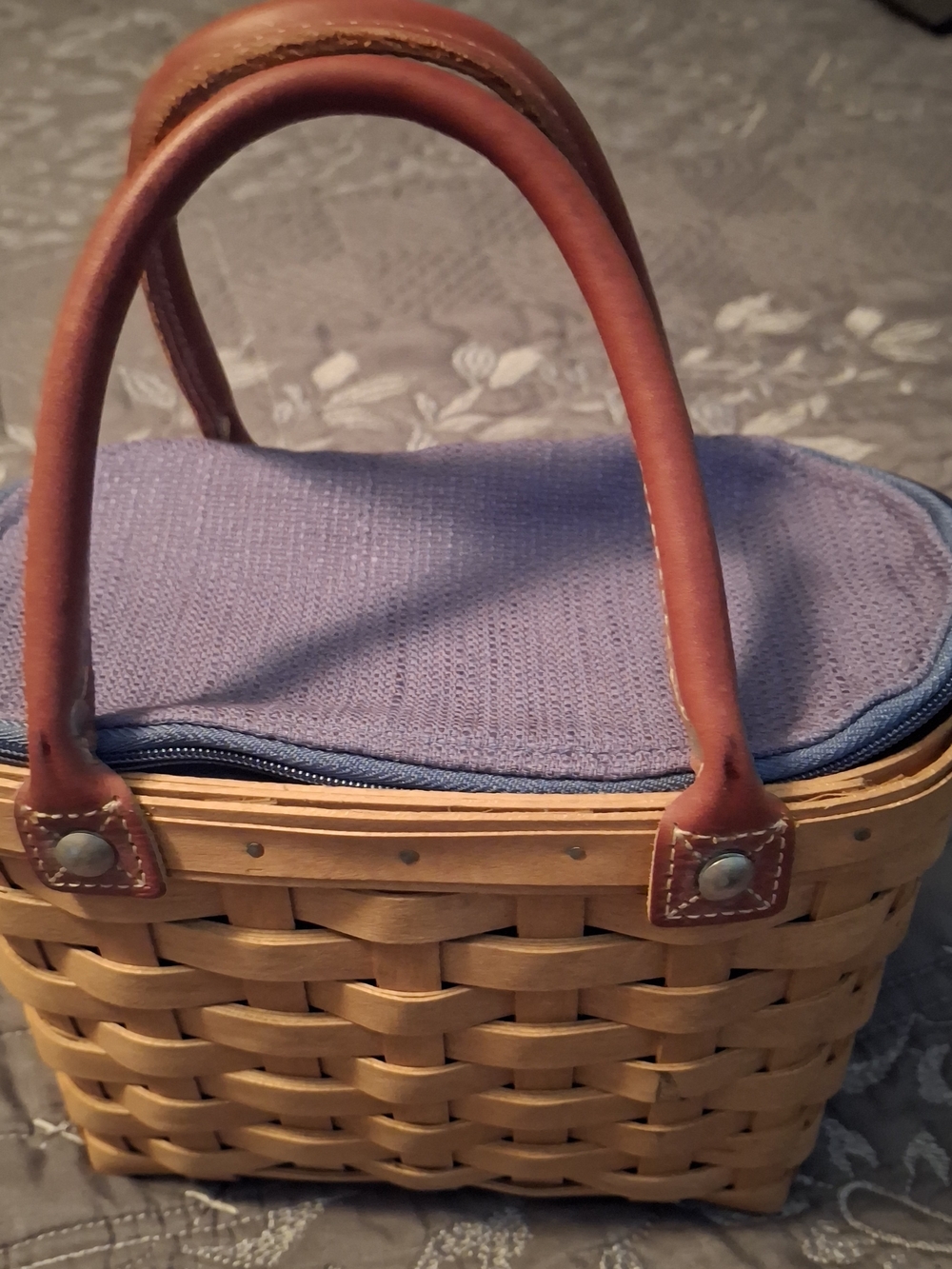 Woven Basket Tote with Lavender Fabric Top and Brown Leather Handles